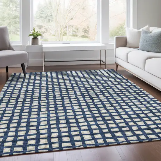 Navy Blue And Ivory Geometric Washable Indoor Outdoor Area Rug Photo 8