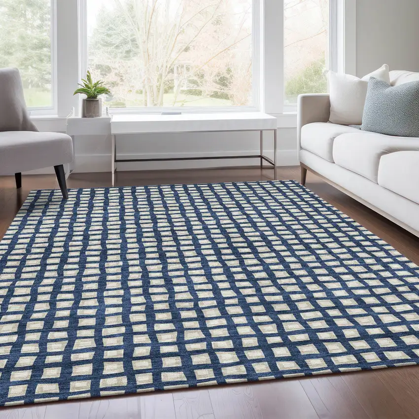 Navy Blue And Ivory Geometric Washable Indoor Outdoor Area Rug Photo 8