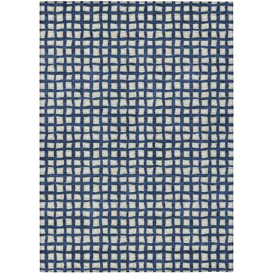 Navy Blue And Ivory Geometric Washable Indoor Outdoor Area Rug Photo 1