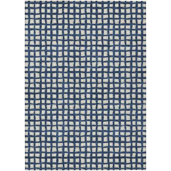 Navy Blue And Ivory Geometric Washable Indoor Outdoor Area Rug Photo 1