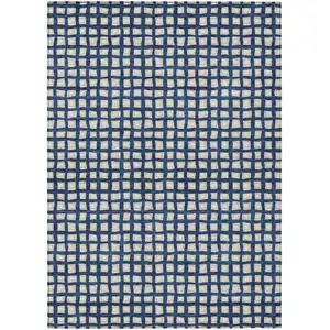 Photo of Navy Blue And Ivory Geometric Washable Indoor Outdoor Area Rug