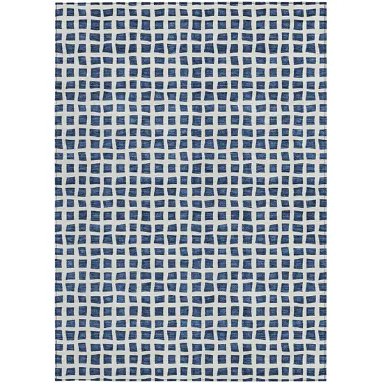Navy Blue And Ivory Geometric Washable Indoor Outdoor Area Rug Photo 5