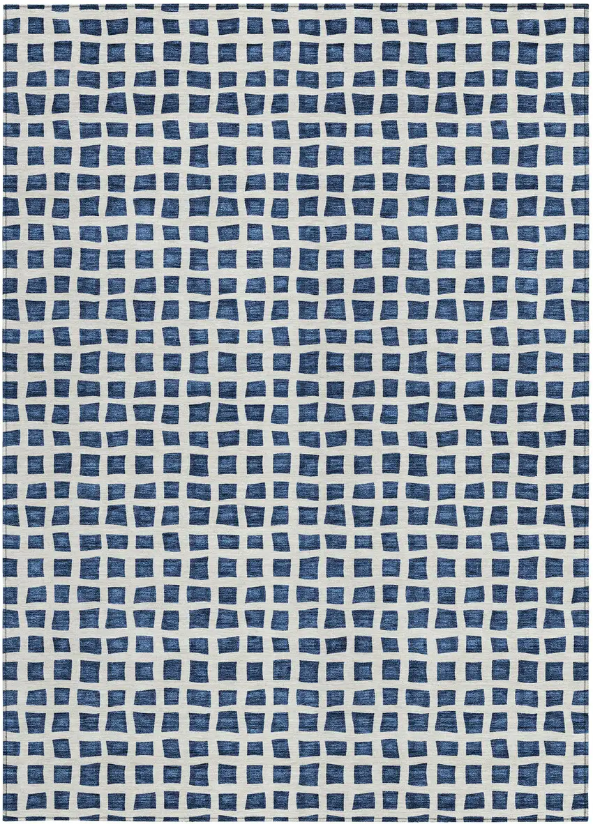Navy Blue And Ivory Geometric Washable Indoor Outdoor Area Rug Photo 5