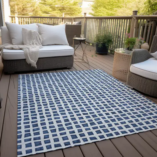 Navy Blue And Ivory Geometric Washable Indoor Outdoor Area Rug Photo 9