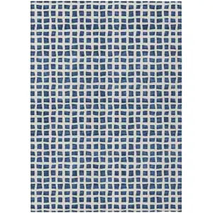 Photo of Navy Blue And Ivory Geometric Washable Indoor Outdoor Area Rug