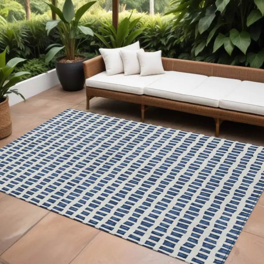 Navy Blue And Ivory Geometric Washable Indoor Outdoor Area Rug Photo 1