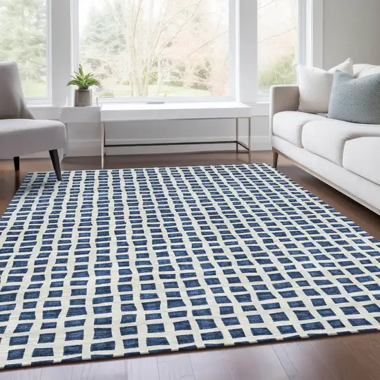 Navy Blue And Ivory Geometric Washable Indoor Outdoor Area Rug Photo 9