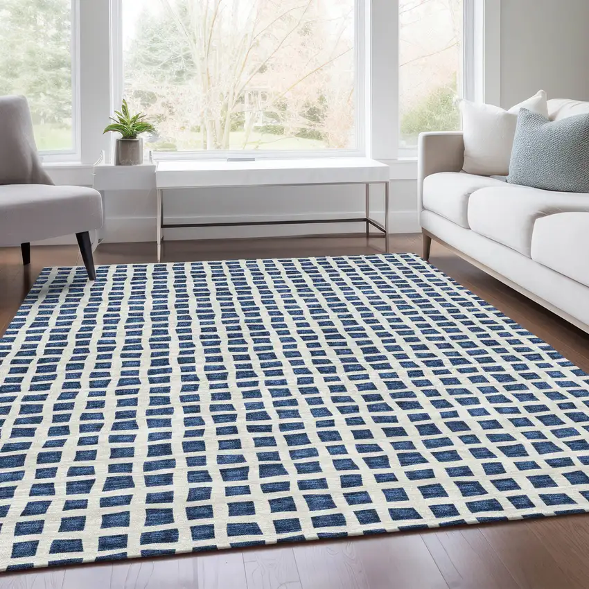 Navy Blue And Ivory Geometric Washable Indoor Outdoor Area Rug Photo 9