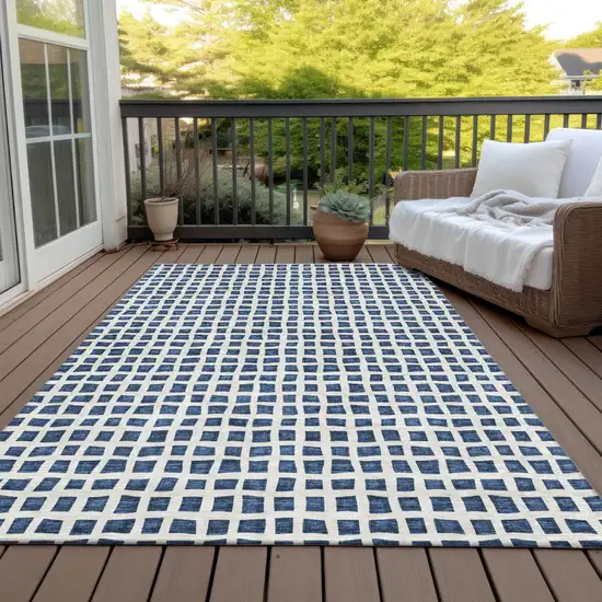 Navy Blue And Ivory Geometric Washable Indoor Outdoor Area Rug Photo 8