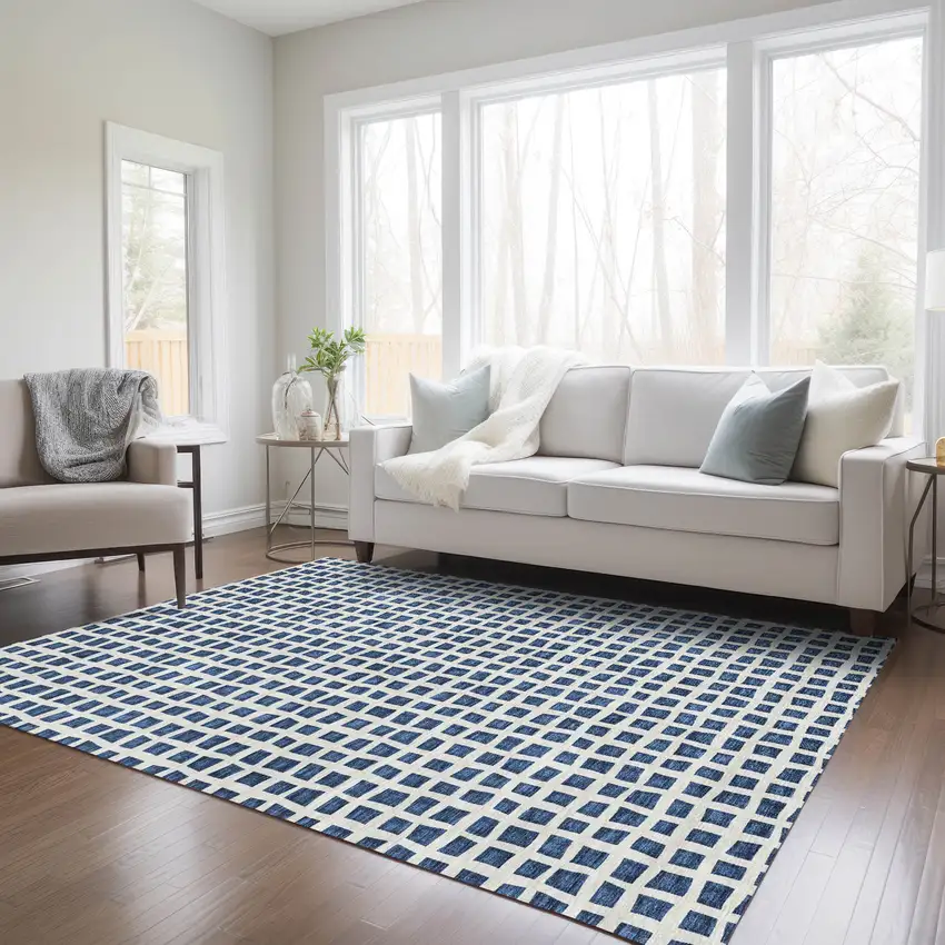 Navy Blue And Ivory Geometric Washable Indoor Outdoor Area Rug Photo 9