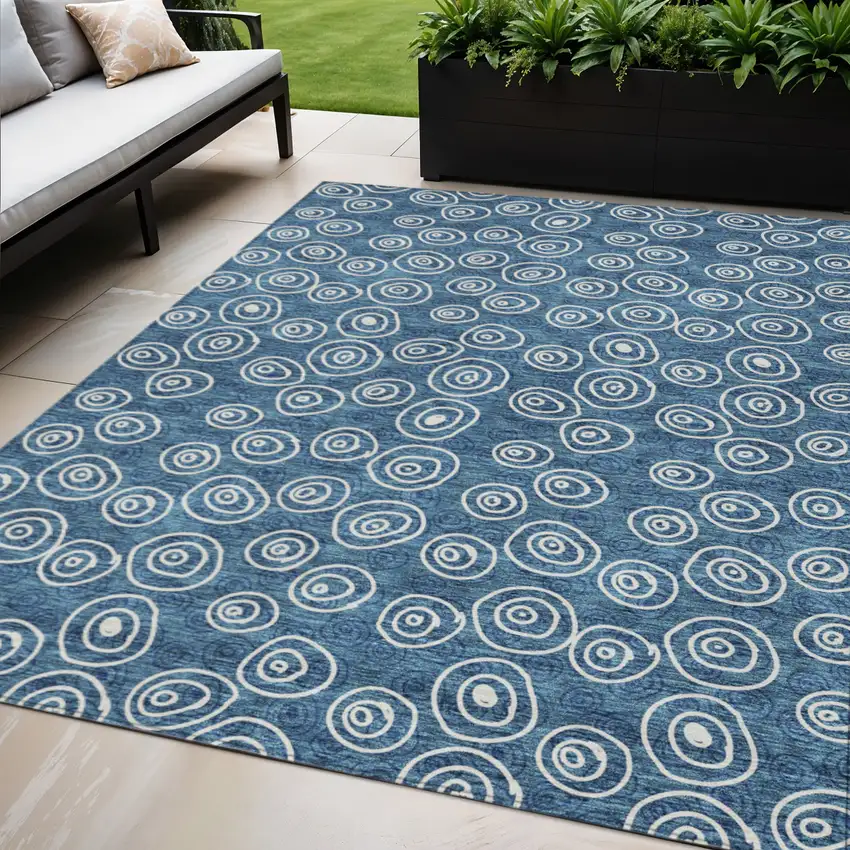 Navy Blue And Ivory Geometric Washable Indoor Outdoor Area Rug Photo 1