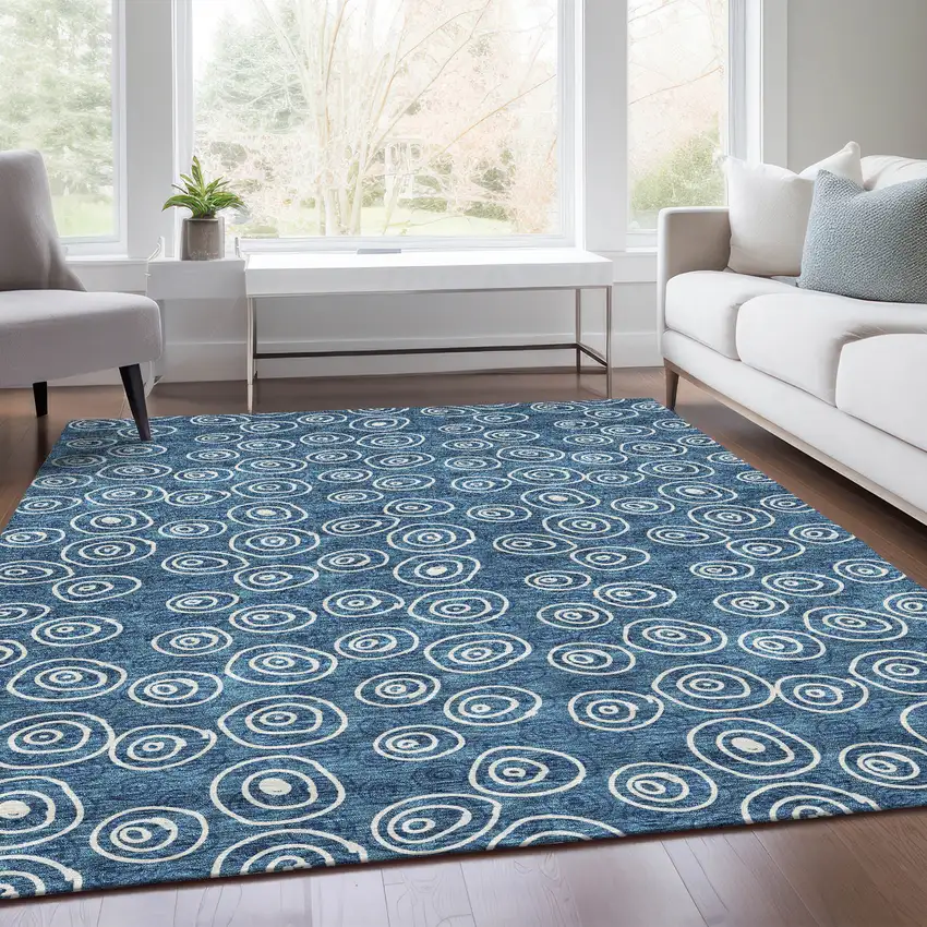 Navy Blue And Ivory Geometric Washable Indoor Outdoor Area Rug Photo 7