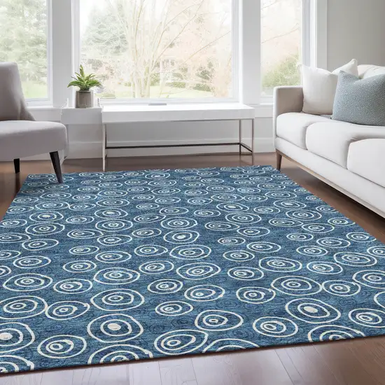 Navy Blue And Ivory Geometric Washable Indoor Outdoor Area Rug Photo 7