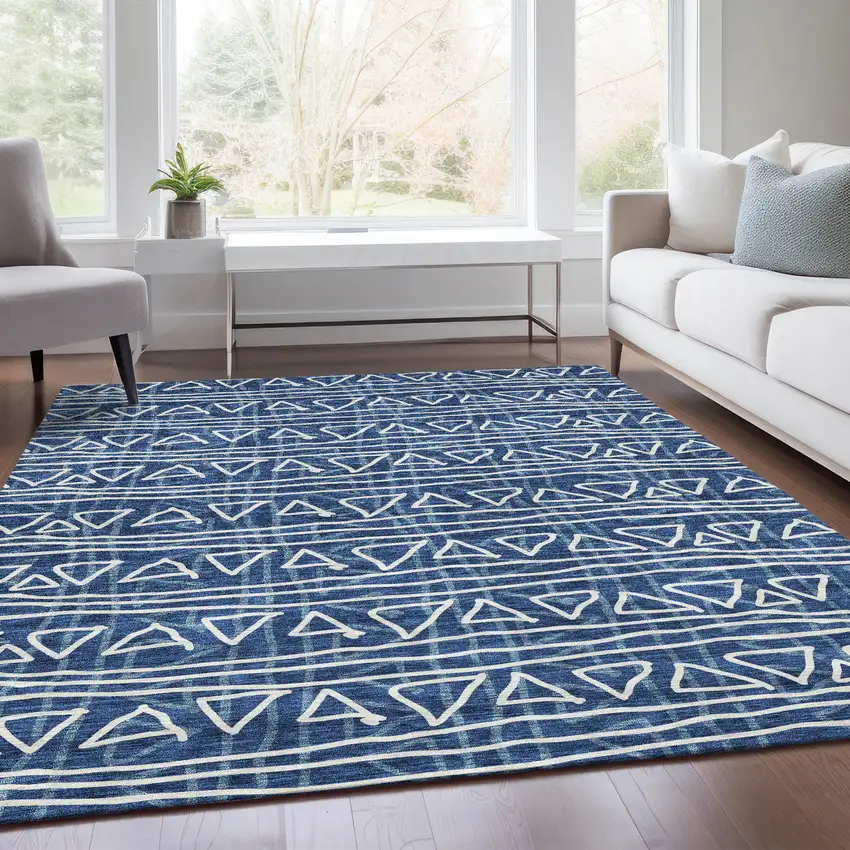 Navy Blue And Ivory Geometric Washable Indoor Outdoor Area Rug Photo 8