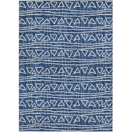 Navy Blue And Ivory Geometric Washable Indoor Outdoor Area Rug Photo 6