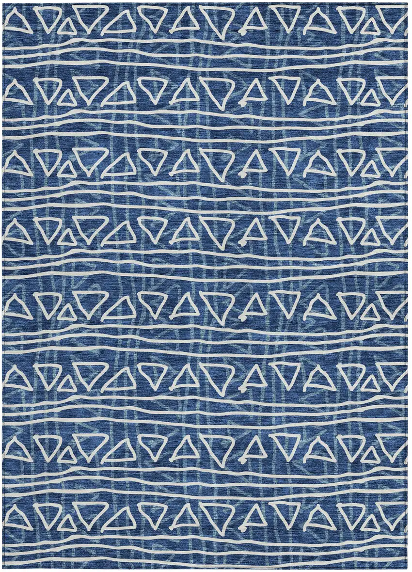 Navy Blue And Ivory Geometric Washable Indoor Outdoor Area Rug Photo 6