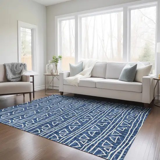 Navy Blue And Ivory Geometric Washable Indoor Outdoor Area Rug Photo 9