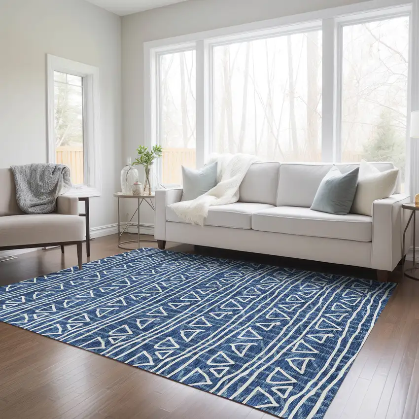 Navy Blue And Ivory Geometric Washable Indoor Outdoor Area Rug Photo 9