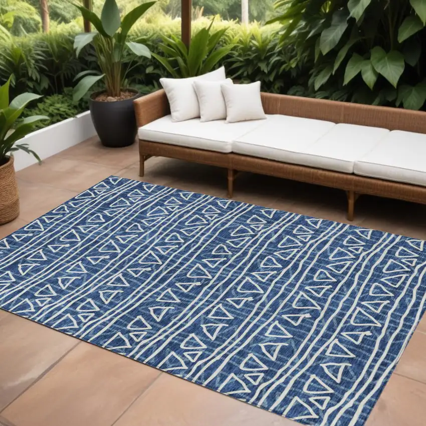 Navy Blue And Ivory Geometric Washable Indoor Outdoor Area Rug Photo 1