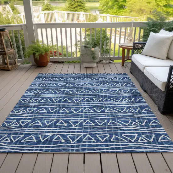 Navy Blue And Ivory Geometric Washable Indoor Outdoor Area Rug Photo 6