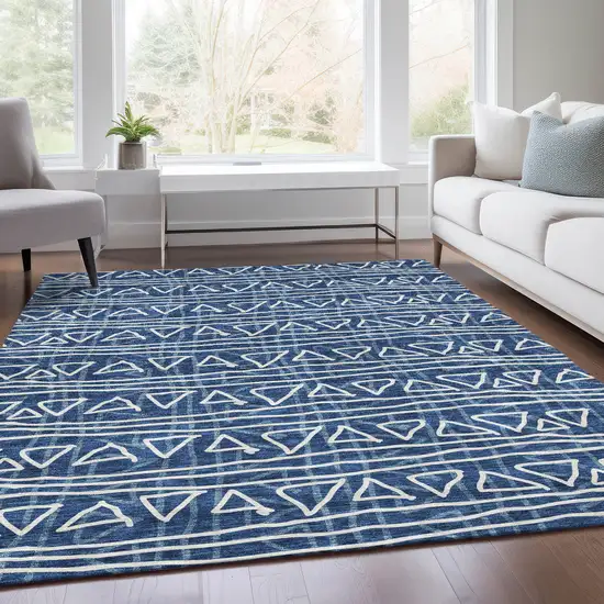 Navy Blue And Ivory Geometric Washable Indoor Outdoor Area Rug Photo 7