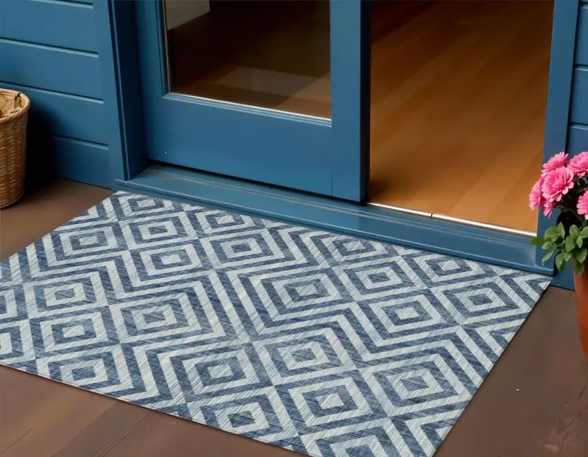 Navy Blue And Ivory Geometric Washable Indoor Outdoor Area Rug Photo 1