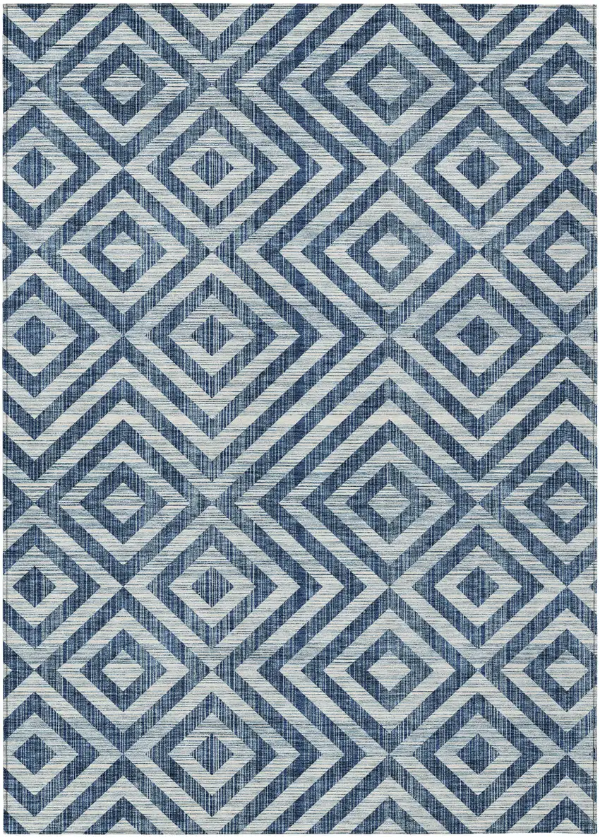 Navy Blue And Ivory Geometric Washable Indoor Outdoor Area Rug Photo 2