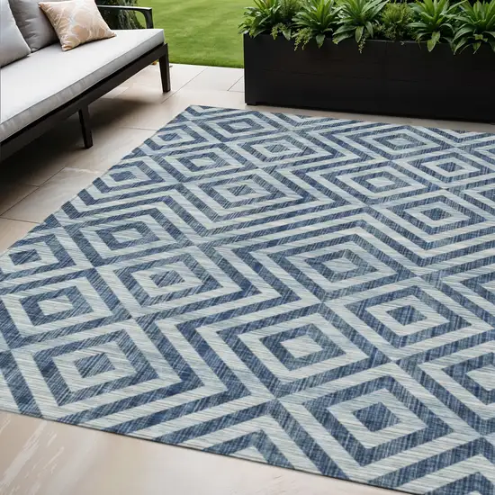 Navy Blue And Ivory Geometric Washable Indoor Outdoor Area Rug Photo 1