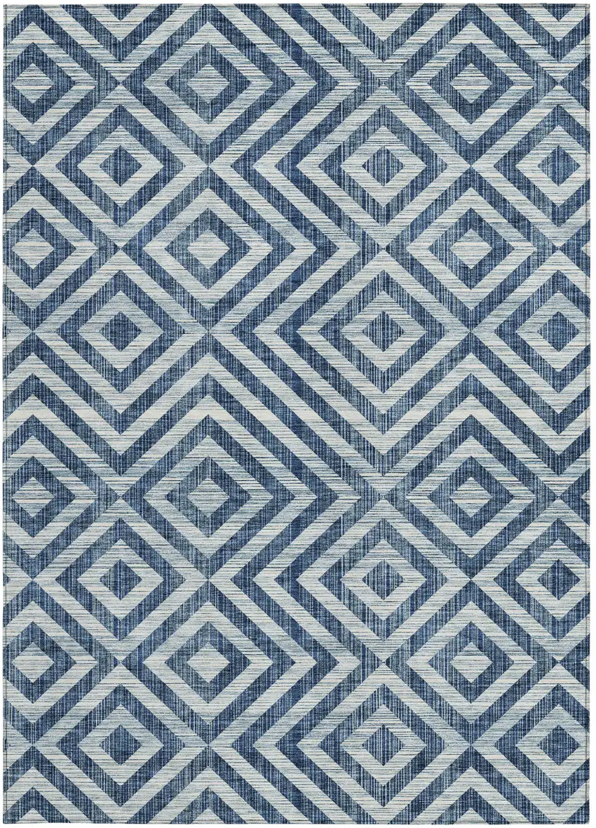 Navy Blue And Ivory Geometric Washable Indoor Outdoor Area Rug Photo 6