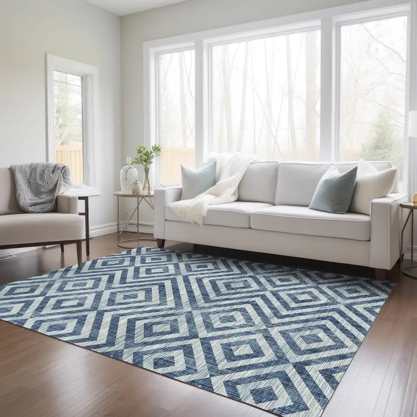 Navy Blue And Ivory Geometric Washable Indoor Outdoor Area Rug Photo 9