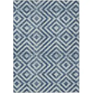 Photo of Navy Blue And Ivory Geometric Washable Indoor Outdoor Area Rug
