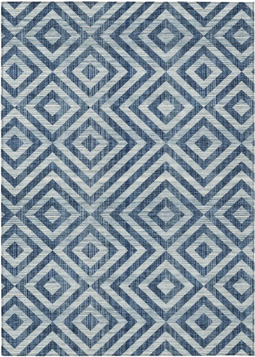 Navy Blue And Ivory Geometric Washable Indoor Outdoor Area Rug Photo 1