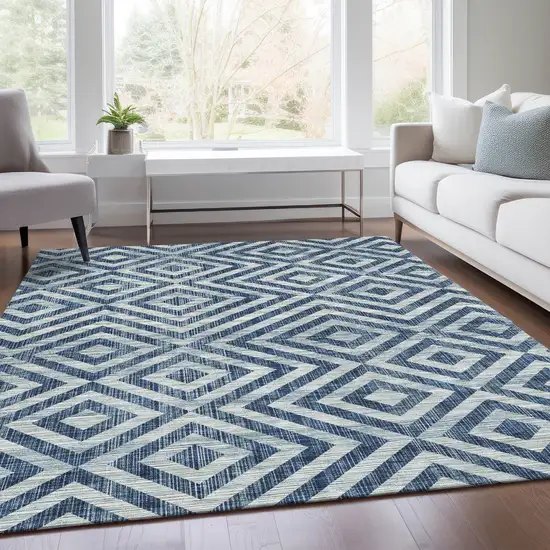 Navy Blue And Ivory Geometric Washable Indoor Outdoor Area Rug Photo 8