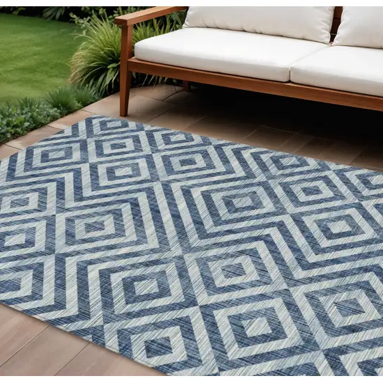 Navy Blue And Ivory Geometric Washable Indoor Outdoor Area Rug Photo 1