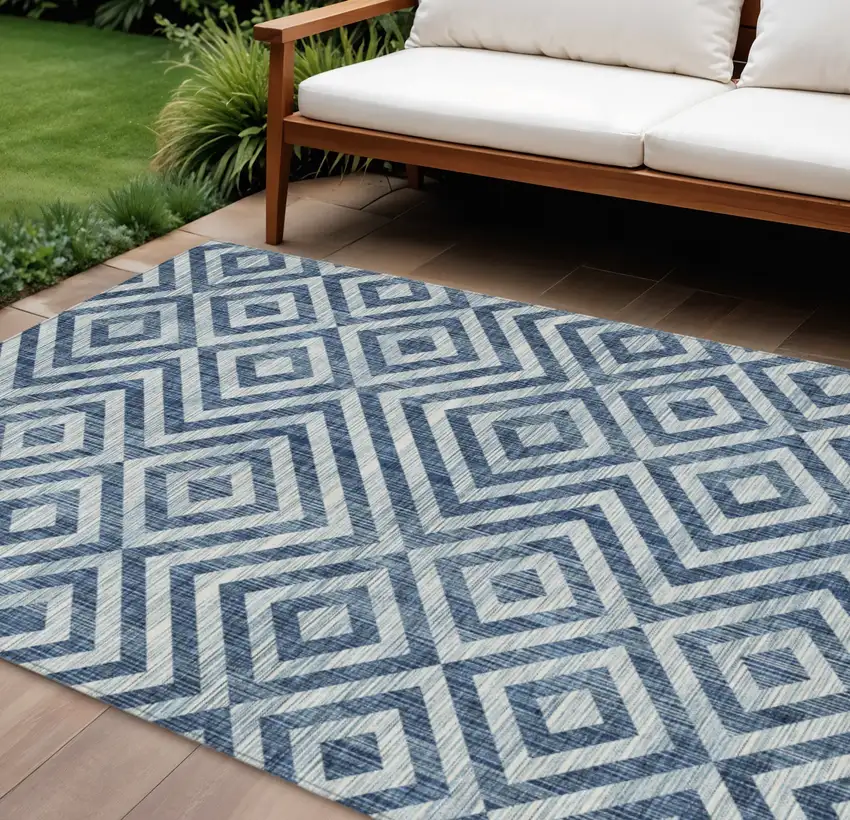 Navy Blue And Ivory Geometric Washable Indoor Outdoor Area Rug Photo 1