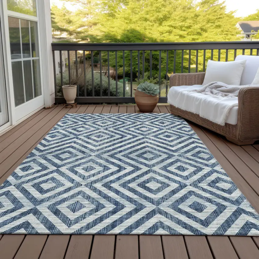 Navy Blue And Ivory Geometric Washable Indoor Outdoor Area Rug Photo 7