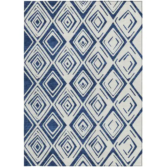 Navy Blue And Ivory Geometric Washable Indoor Outdoor Area Rug Photo 6