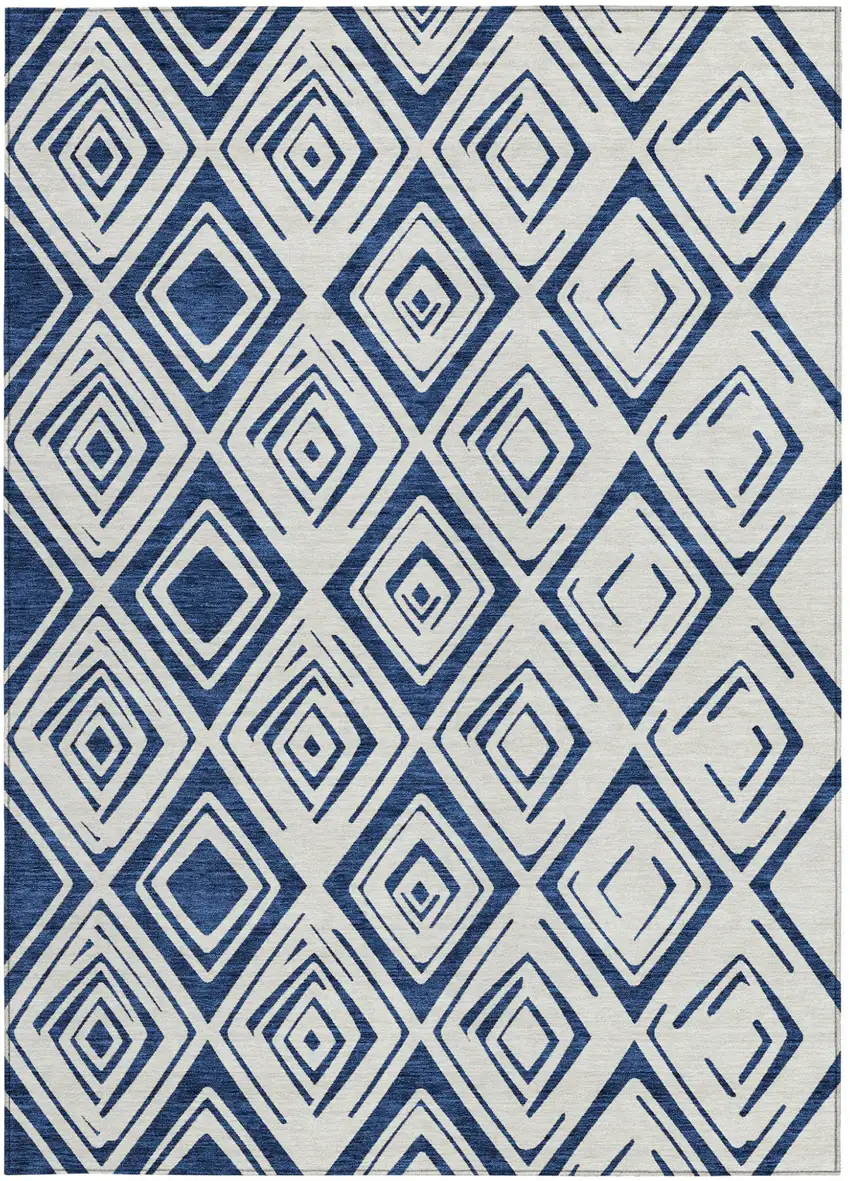 Navy Blue And Ivory Geometric Washable Indoor Outdoor Area Rug Photo 6
