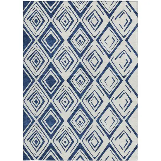 Navy Blue And Ivory Geometric Washable Indoor Outdoor Area Rug Photo 6