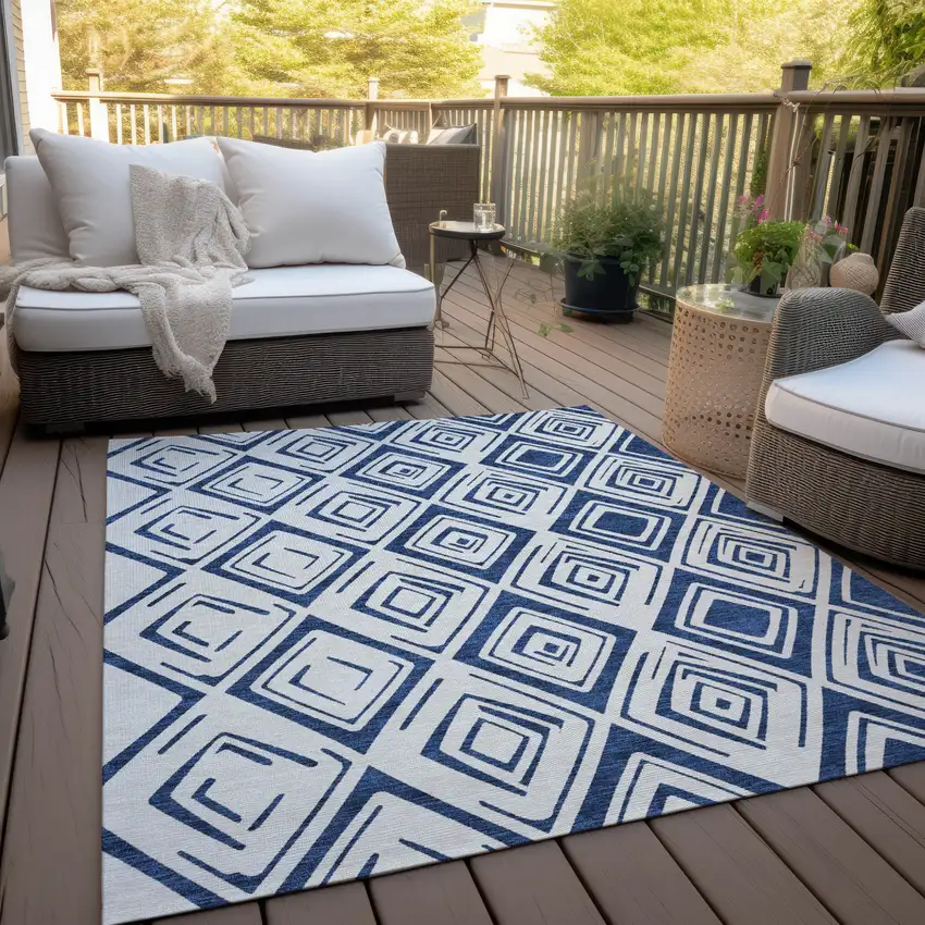 Navy Blue And Ivory Geometric Washable Indoor Outdoor Area Rug Photo 9