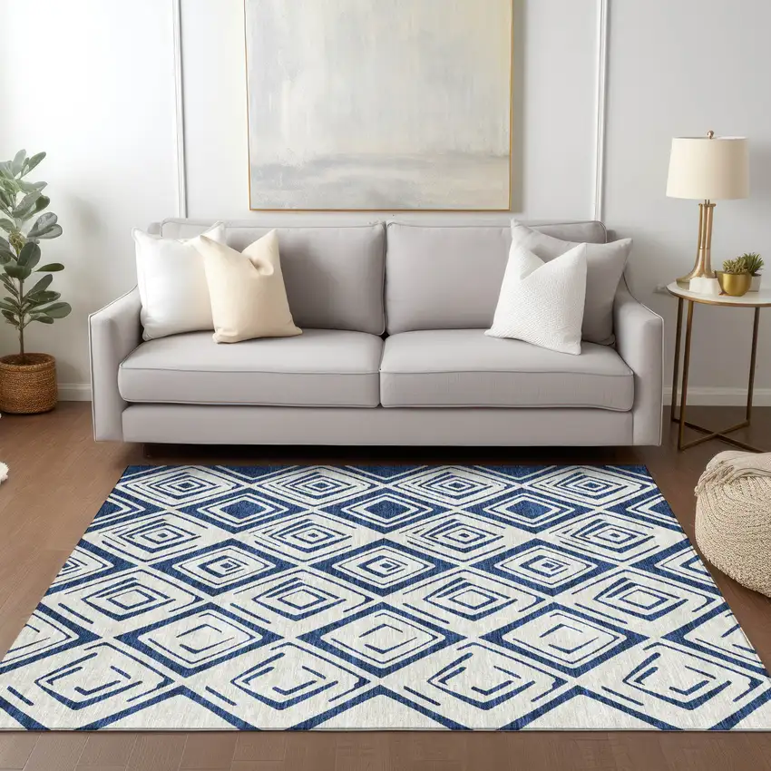 Navy Blue And Ivory Geometric Washable Indoor Outdoor Area Rug Photo 9
