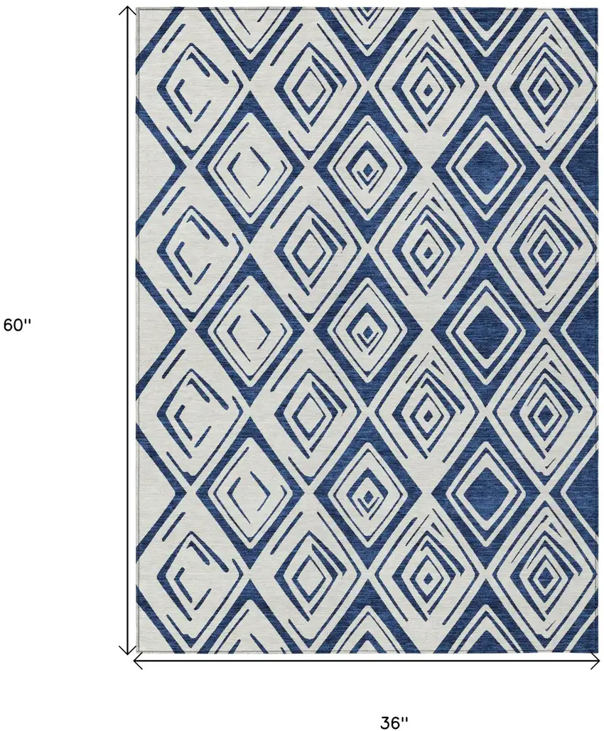 Navy Blue And Ivory Geometric Washable Indoor Outdoor Area Rug Photo 3