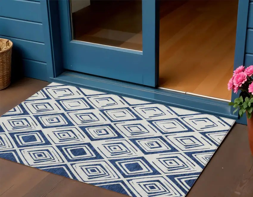 Navy Blue And Ivory Geometric Washable Indoor Outdoor Area Rug Photo 1