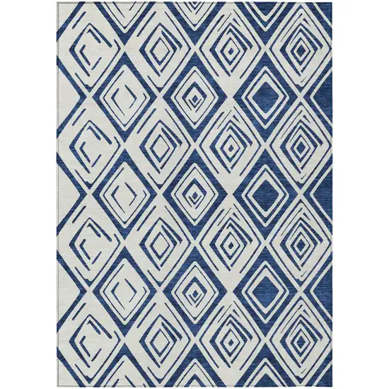Navy Blue And Ivory Geometric Washable Indoor Outdoor Area Rug Photo 2