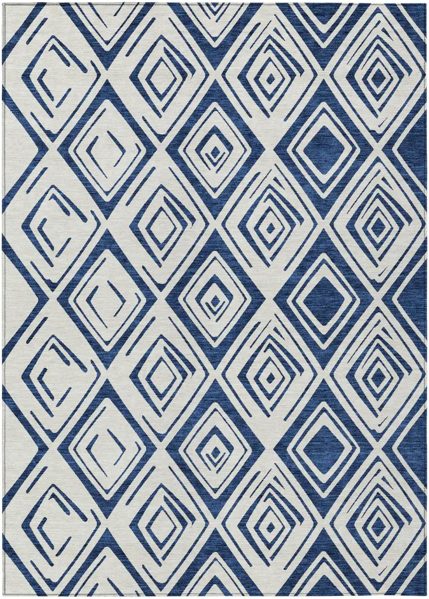 Navy Blue And Ivory Geometric Washable Indoor Outdoor Area Rug Photo 2