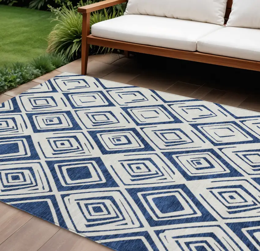 Navy Blue And Ivory Geometric Washable Indoor Outdoor Area Rug Photo 1
