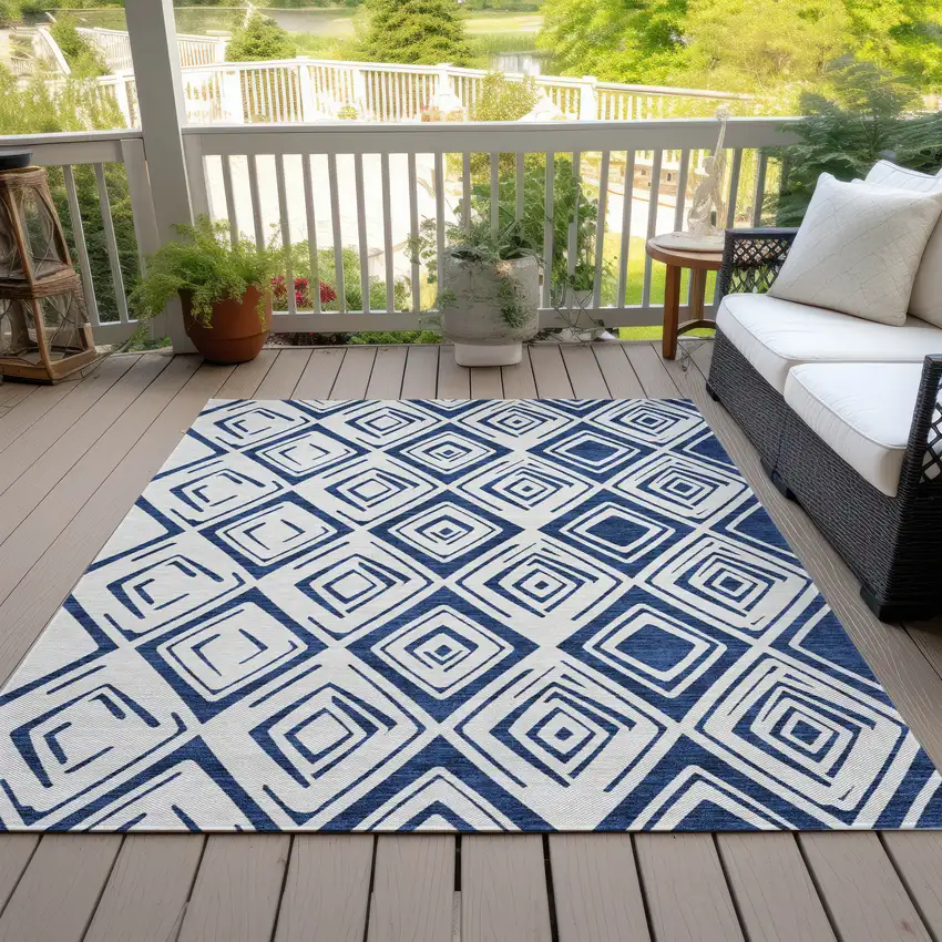 Navy Blue And Ivory Geometric Washable Indoor Outdoor Area Rug Photo 6