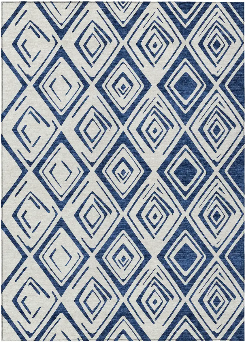 Navy Blue And Ivory Geometric Washable Indoor Outdoor Area Rug Photo 2