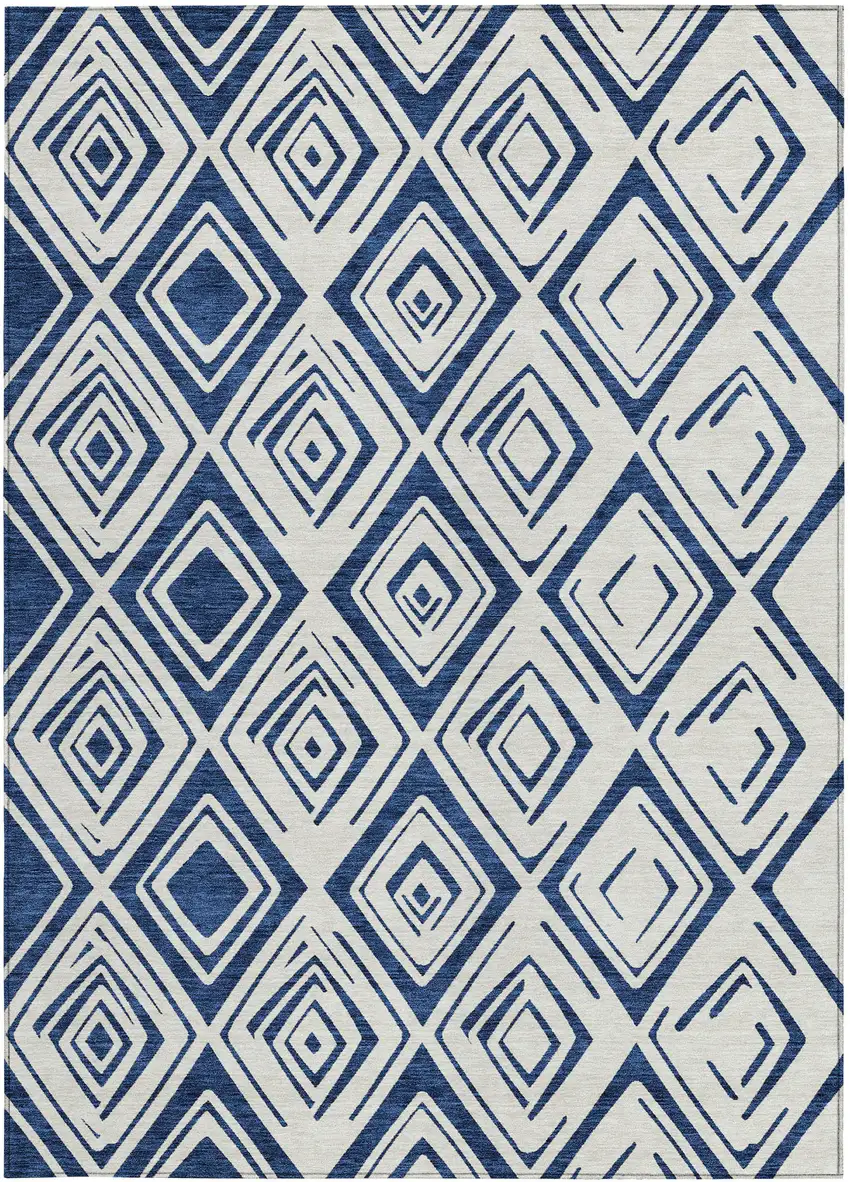 Navy Blue And Ivory Geometric Washable Indoor Outdoor Area Rug Photo 5