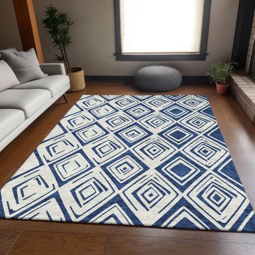 Navy Blue And Ivory Geometric Washable Indoor Outdoor Area Rug Photo 7
